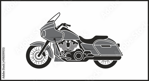 A gray motorcycle with a windshield and saddlebags on a white background.