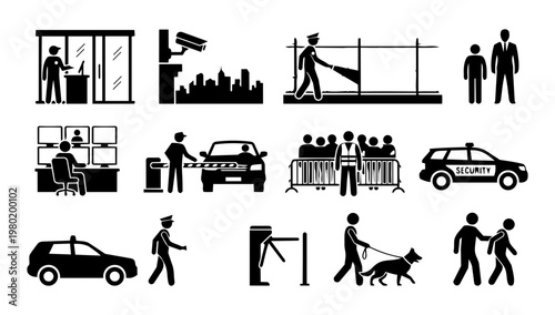Security Service Scene Silhouette Set, Protection and Surveillance Concepts, Guard Patrol and Safety Scenario Icons Vector