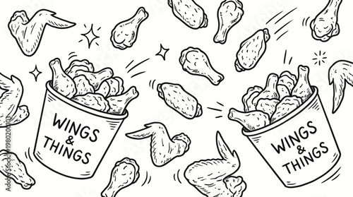 Whimsical hand-drawn doodle pattern featuring delicious crispy fried chicken wings and drumsticks, ideal for culinary backgrounds, restaurant menus, or food packaging