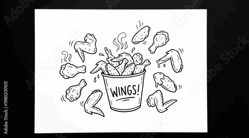Delicious hand-drawn illustration of crispy fried chicken wings bursting from a bucket, perfect for fast food menus or snack advertisements
