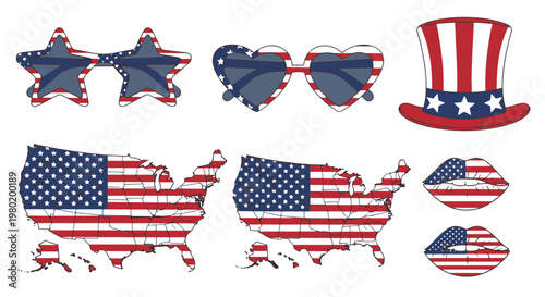 Patriotic American Icons with Star shaped Sunglasses Flag Maps and Uncle Sam Hat