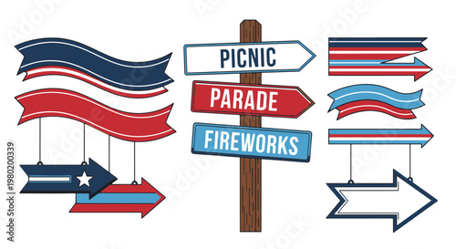 Festive Patriotic Ribbons Banners and Directional Signs for Holiday Celebrations