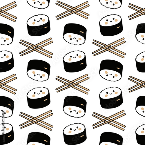 Cute cartoon sushi rolls with smiling faces. Each roll has black seaweed wrapping. Chopsticks cross in front of every roll