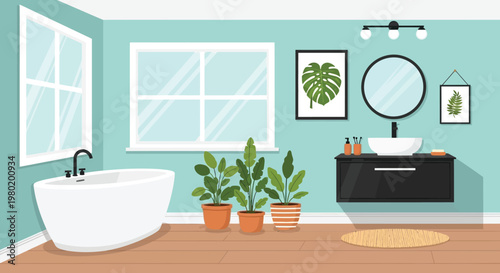 A bright and airy bathroom interior features a white tub vanity and botanical wall art