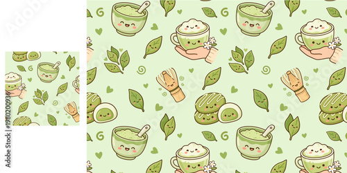 Adorable seamless pattern with smiling matcha tea cups in kawaii style, whisk, green tea leaves, and mochi desserts on a soft light green background, pattern, textile, packaging design, vector