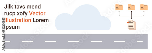 Data organization, document workflow, cloud storage, file transfer, digital management, connectivity. Cloud icon, road and folders connected to documents. Data organization and document workflow