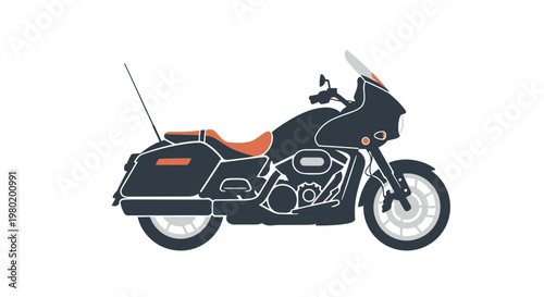 A dark touring motorcycle with a brown seat on a white background.