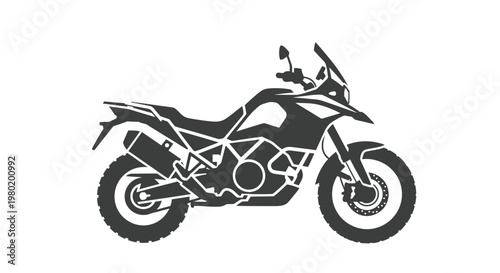 A black and white illustration of a dual-sport motorcycle.