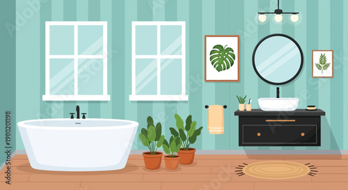 A cheerfully decorated bathroom features a white tub vanity plants and teal vertical striped walls