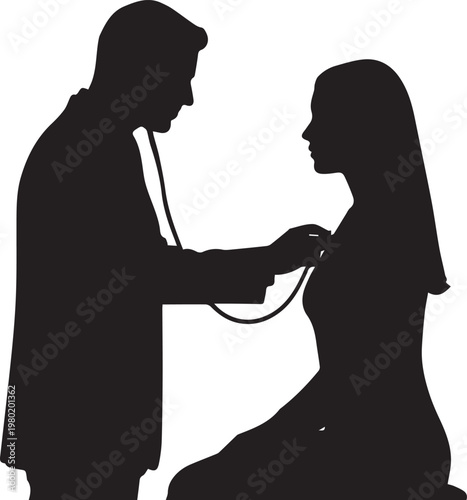 Medical doctor silhouette examining female patient with stethoscope, healthcare professional performing physical checkup, clinical diagnostic vector