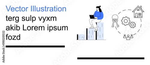 Business, technology, real estate, workforce management, innovation, data analysis. A person sitting on bar graphs using a laptop alongside icons of a house, keys and gears. Business growth