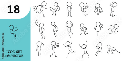 Animation reference sheet a comprehensive collection of 18 stick figure poses depicting a dynamic walking cycle for artists