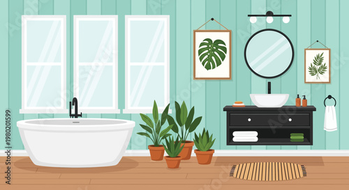 A modern bathroom interior features a white tub vanity plants and framed artwork on teal walls