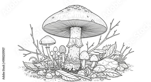 Detailed monochrome illustration of various mushrooms and woodland elements