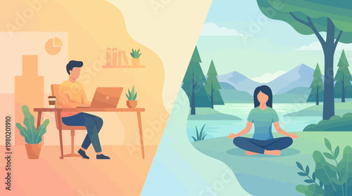Work and Relaxation Split Composition Lifestyle Balance Vector