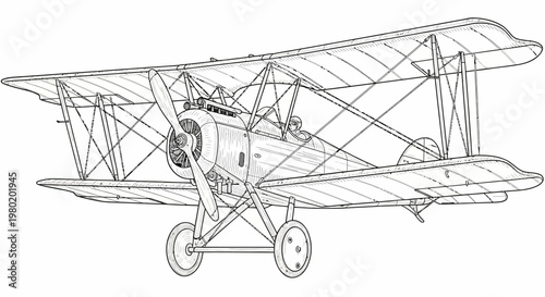 Vintage biplane side view illustration in detailed line art for design projects