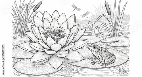 Black and white illustration of a frog lily pad and water lilies in a pond
