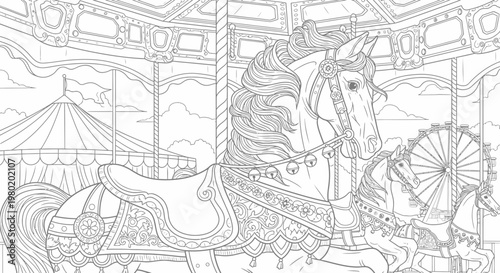Intricate carousel horse illustration with ornamental details and amusement park scene