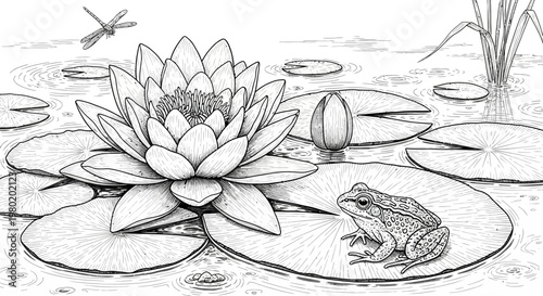 Monochrome illustration of water lily frog and dragonfly in natural habitat