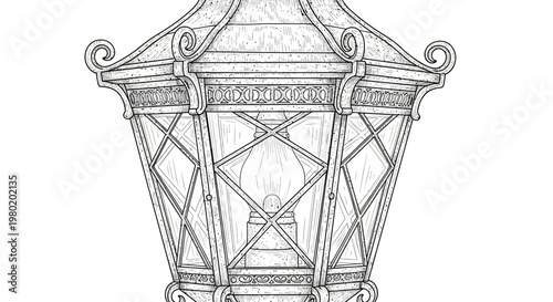 Detailed pencil sketch of a classic lantern with ornamental elements
