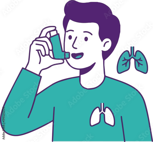 Young man using asthma inhaler for respiratory relief and chronic disease management illustration