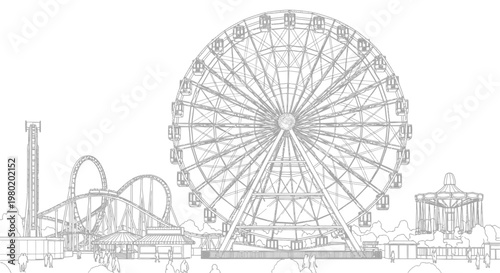 Amusement park illustration of a ferris wheel and roller coaster on a white backdrop