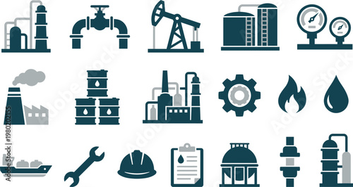 This comprehensive vector icon collection represents essential oil, gas, energy, and petroleum industry elements.