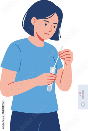 Young woman performing rapid antigen self-test at home, illustrating viral infection screening and health protocol