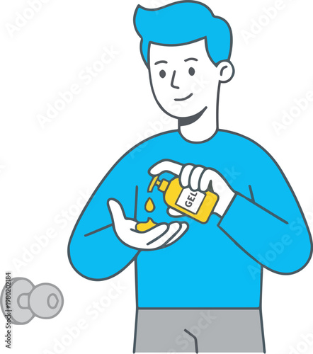 Young man dispensing hand sanitizer gel for personal hygiene and public health protection