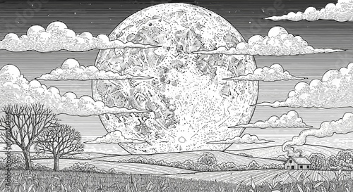 Dramatic monochrome illustration of a large moon over a rural landscape