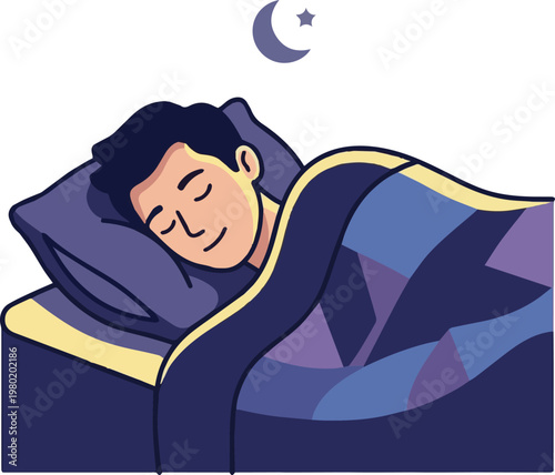 Man sleeping soundly in bed at night, experiencing peaceful rest and tranquility, promoting healthy sleep and well-being illustration