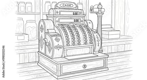 Vintage cash register illustration antique machine with detailed engravings