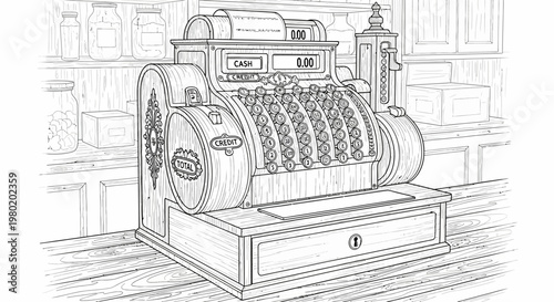 Vintage cash register illustration detailed black and white artwork
