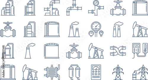 A set of blue line icons depicting oil refinery infrastructure components, heavy industrial equipment, and energy systems