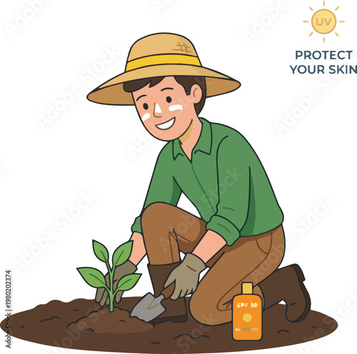 Smiling gardener applying sun protection factor sunscreen while planting outdoors for healthy skin