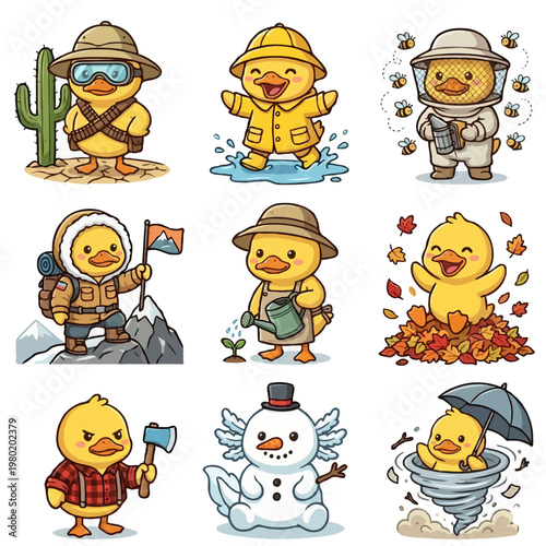 Set of 9 Cute Duckling Characters - Kawaii Yellow Duck Desert Explorer, Rain Puddles, Beekeeper, Mountain Climber, Gardener, Autumn Leaves, Lumberjack, Snowman, and Tornado - Vector Illustration