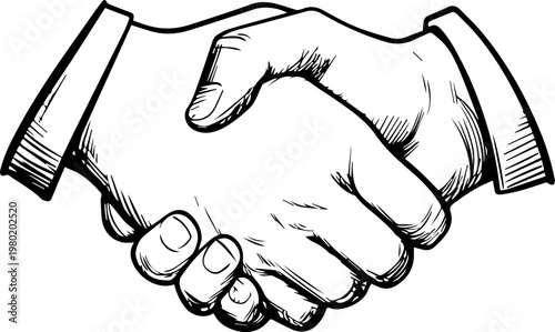 Hand Drawn Handshake Black and White Illustration in Minimal Line Art Style Design