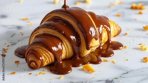Cinematic Macro Video of Liquid Chocolate Sauce Being Poured Over a Fresh Flaky Croissant