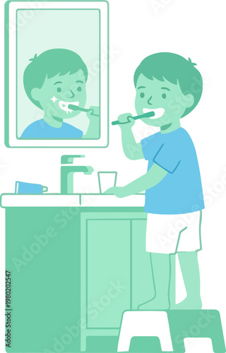 Young boy actively brushing teeth in bathroom mirror, establishing a morning hygiene routine for oral health.