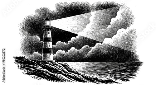 Black and white lighthouse illustration shining light over ocean waters