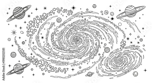 Spiral galaxy illustration with planets and stars design isolated on white