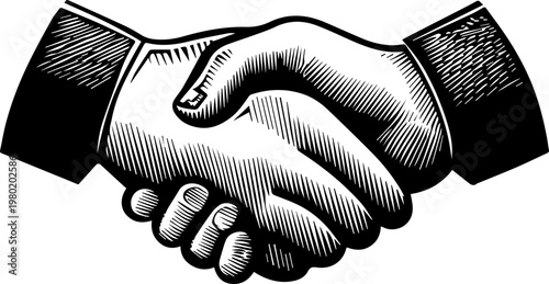 Hand Drawn Handshake Black and White Illustration in Minimal Line Art Style Design
