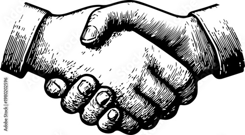 Hand Drawn Handshake Black and White Illustration in Minimal Line Art Style Design