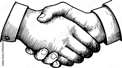 Hand Drawn Handshake Black and White Illustration in Minimal Line Art Style Design