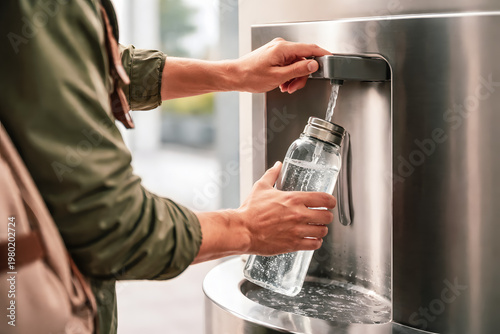 Refilling reusable water bottle at public water station for sustainable hydration lifestyle