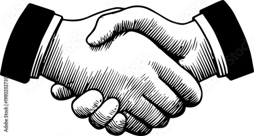 Hand Drawn Handshake Black and White Illustration in Minimal Line Art Style Design
