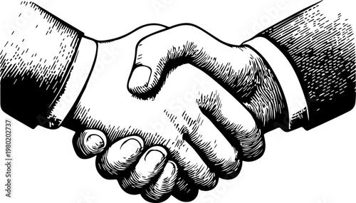 Hand Drawn Handshake Black and White Illustration in Minimal Line Art Style Design