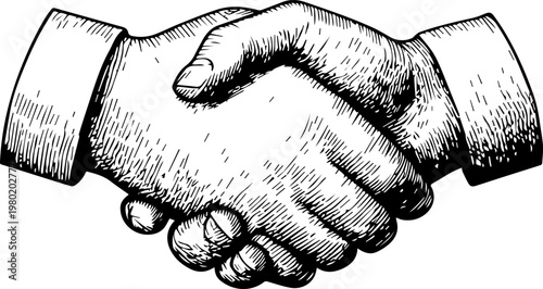 Hand Drawn Handshake Black and White Illustration in Minimal Line Art Style Design