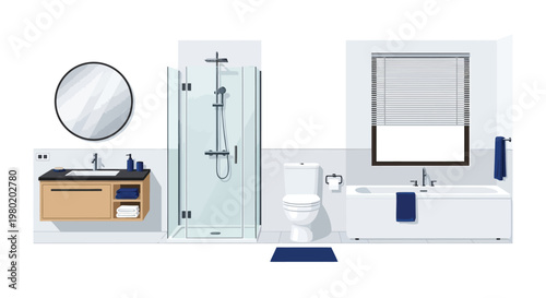 A minimalist bathroom design showcasing a glass shower bathtub toilet and vanity unit