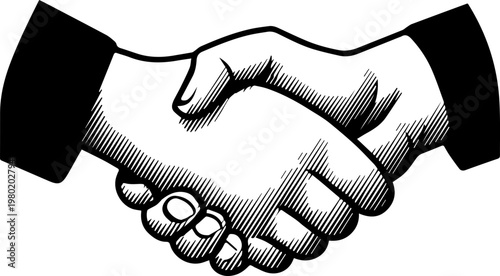 Hand Drawn Handshake Black and White Illustration in Minimal Line Art Style Design